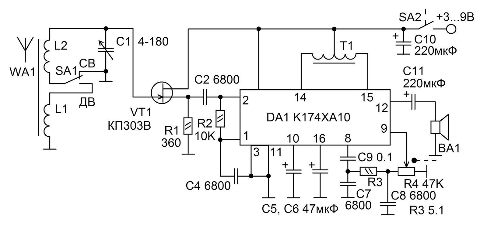 Св приемник схема. УКВ приёмник на к174ха10. Кв приемник на микросхеме к174ха10. Св приемник на микросхеме к157ха2. Схема приемника на микросхеме TDA 1083.